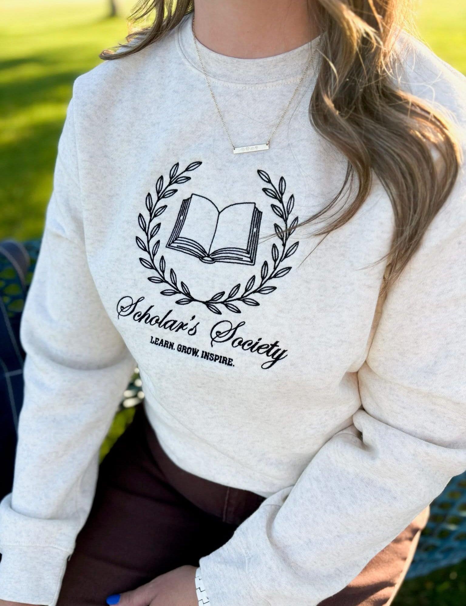 Embroidered Adult Crewneck | Scholar's Society Embroidered Design Little Mama Shirt Shop LLC