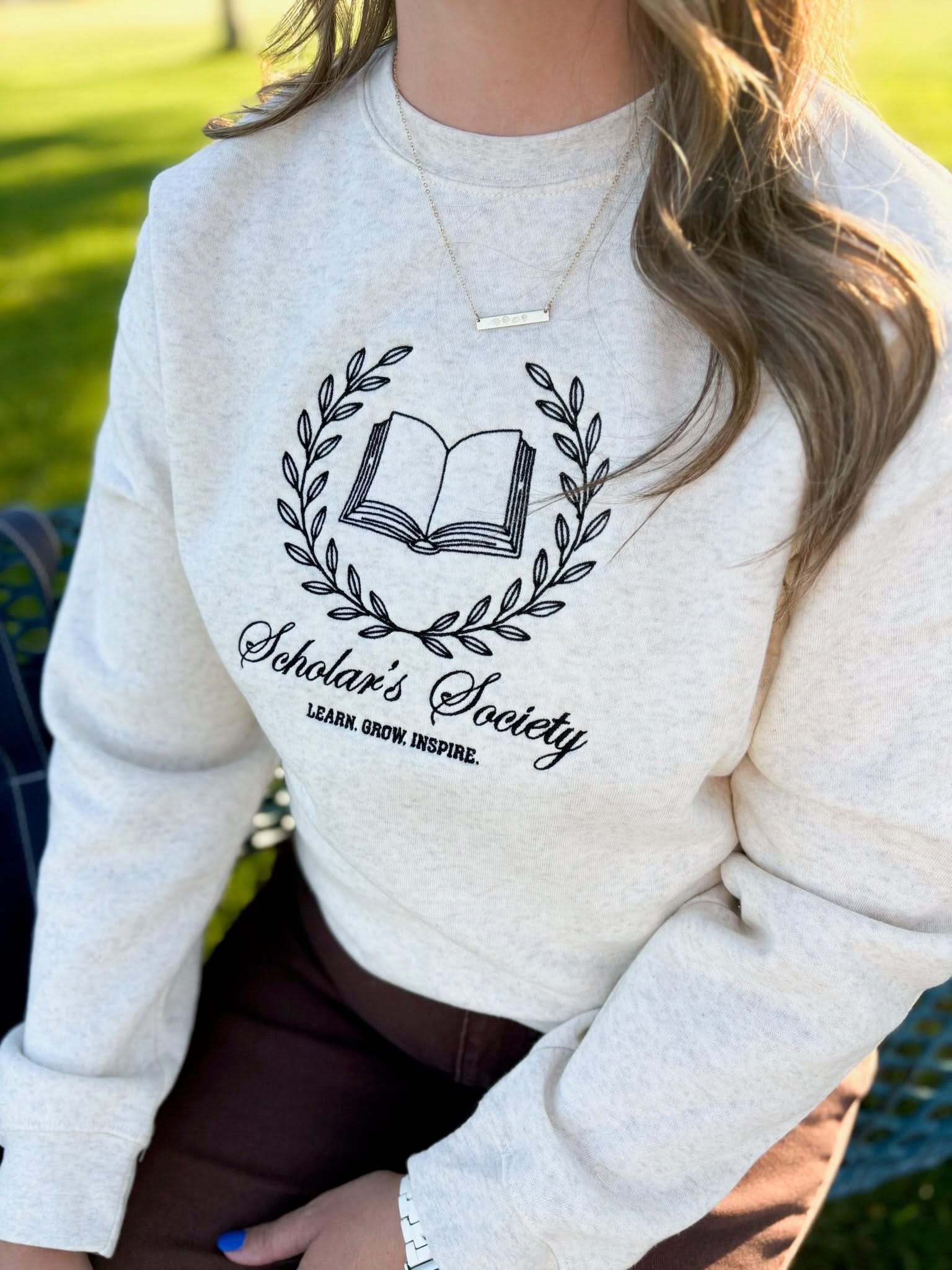 Embroidered Adult Crewneck | Scholar's Society Embroidered Design Little Mama Shirt Shop LLC
