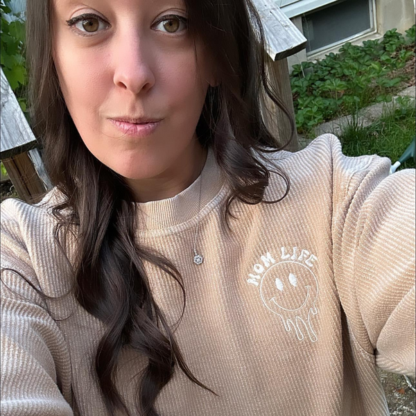 Latte Corded Sweatshirt - Embroidered - MOM LIFE- Melting smiley