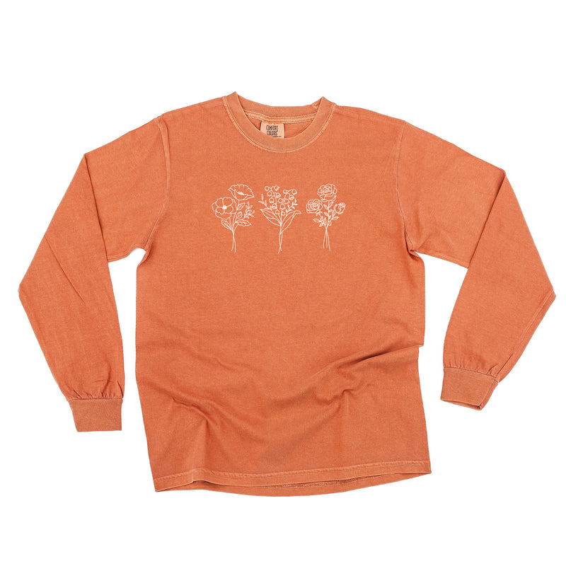 3 EMBROIDERED Birth Flower (Center Placement) w/ White Thread - LONG SLEEVE COMFORT COLORS