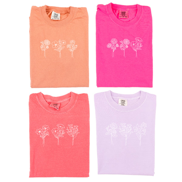 3 EMBROIDERED Birth Flower (Center Placement) w/ White Thread - SHORT SLEEVE COMFORT COLORS