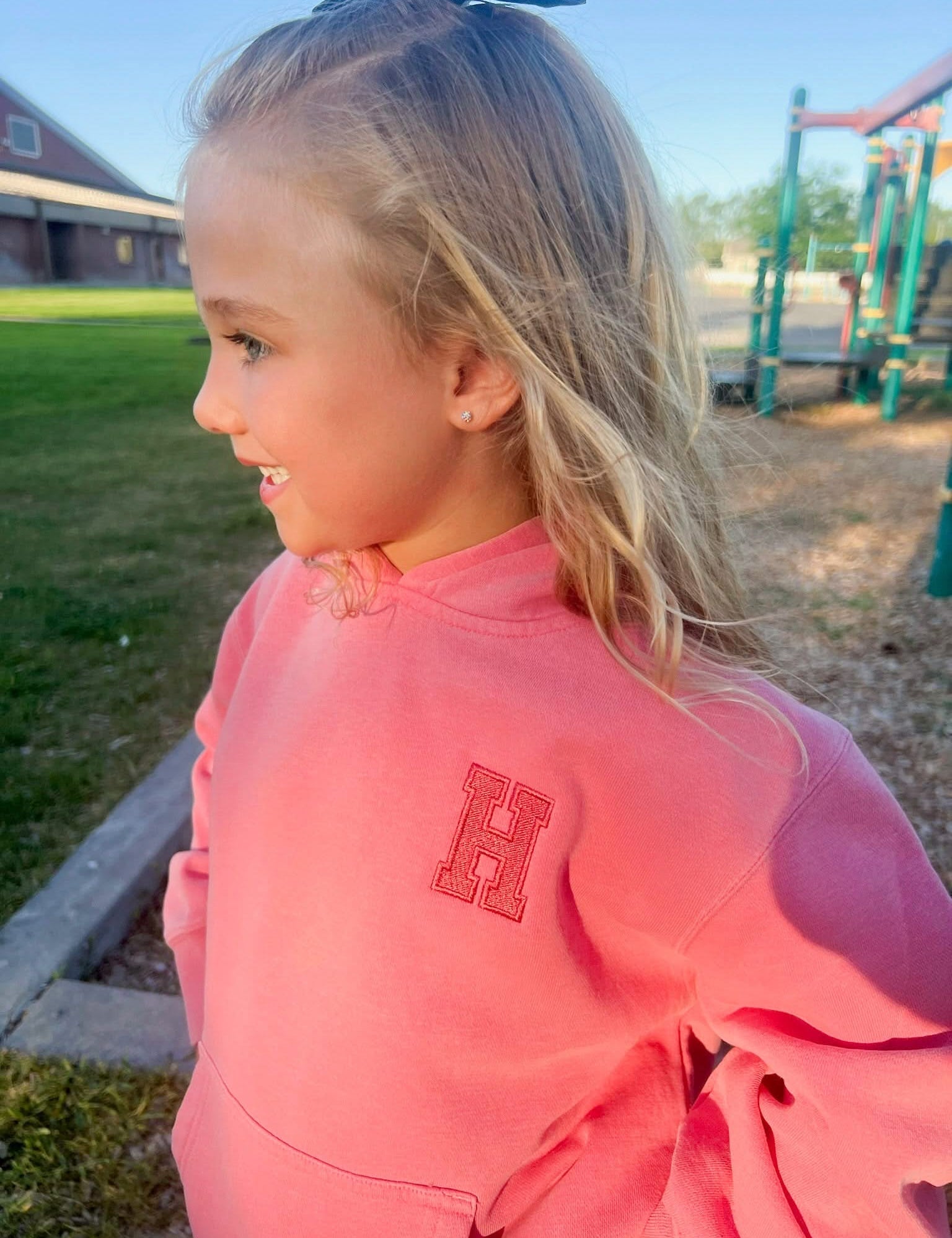 Personalized Varsity Number Youth Pigment Hoodie | Embroidered Front Letter | Printed Back Number Little Mama Shirt Shop LLC