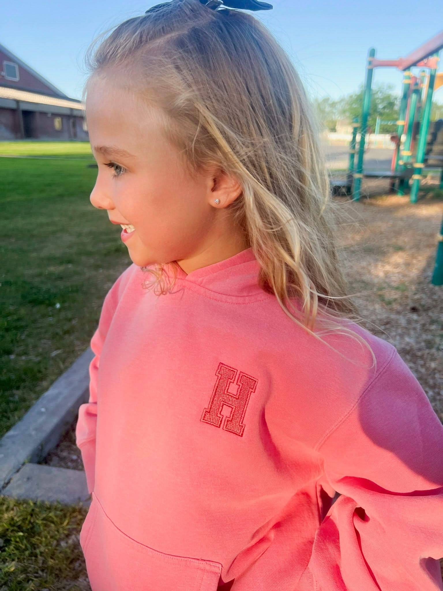 Personalized Varsity Number Youth Pigment Hoodie | Embroidered Front Letter | Printed Back Number Little Mama Shirt Shop LLC
