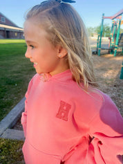 Personalized Varsity Number Youth Pigment Hoodie | Embroidered Front Letter | Printed Back Number Little Mama Shirt Shop LLC