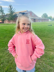 Personalized Varsity Number Youth Pigment Hoodie | Embroidered Front Letter | Printed Back Number Little Mama Shirt Shop LLC