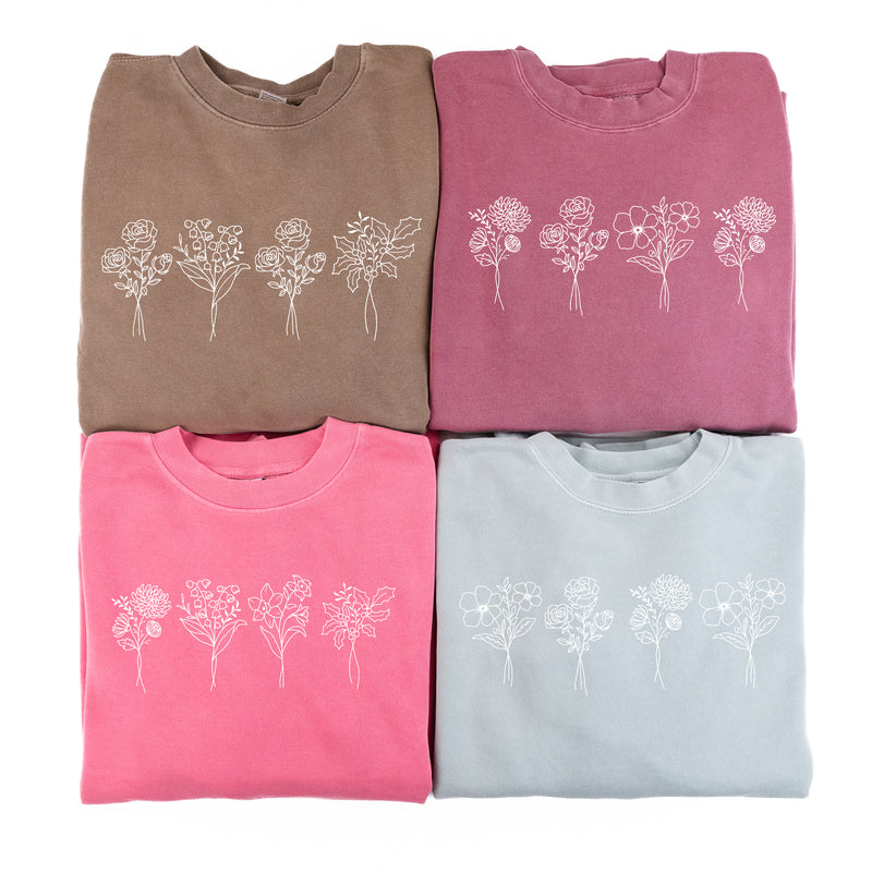 4 EMBROIDERED Birth Flower (Center Placement) w/ White Thread - PIGMENT DYE CREWNECK SWEATSHIRT