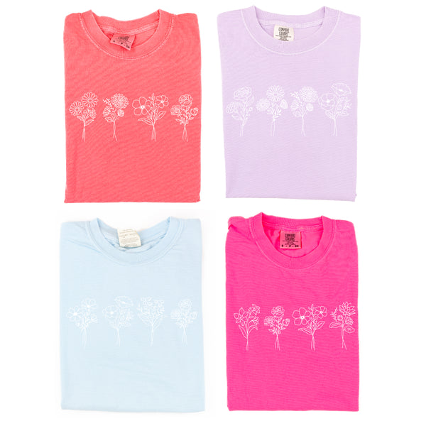 4 EMBROIDERED Birth Flower (Center Placement) w/ White Thread - SHORT SLEEVE COMFORT COLORS
