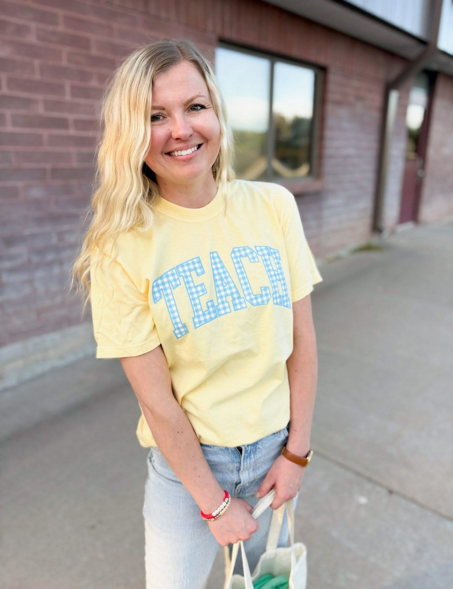 Teacher Comfort Colors Tee | Teach Blue Gingham Graphic Little Mama Shirt Shop LLC