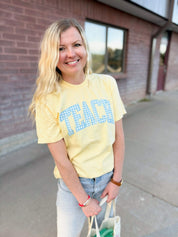 Teacher Comfort Colors Tee | Teach Blue Gingham Graphic Little Mama Shirt Shop LLC