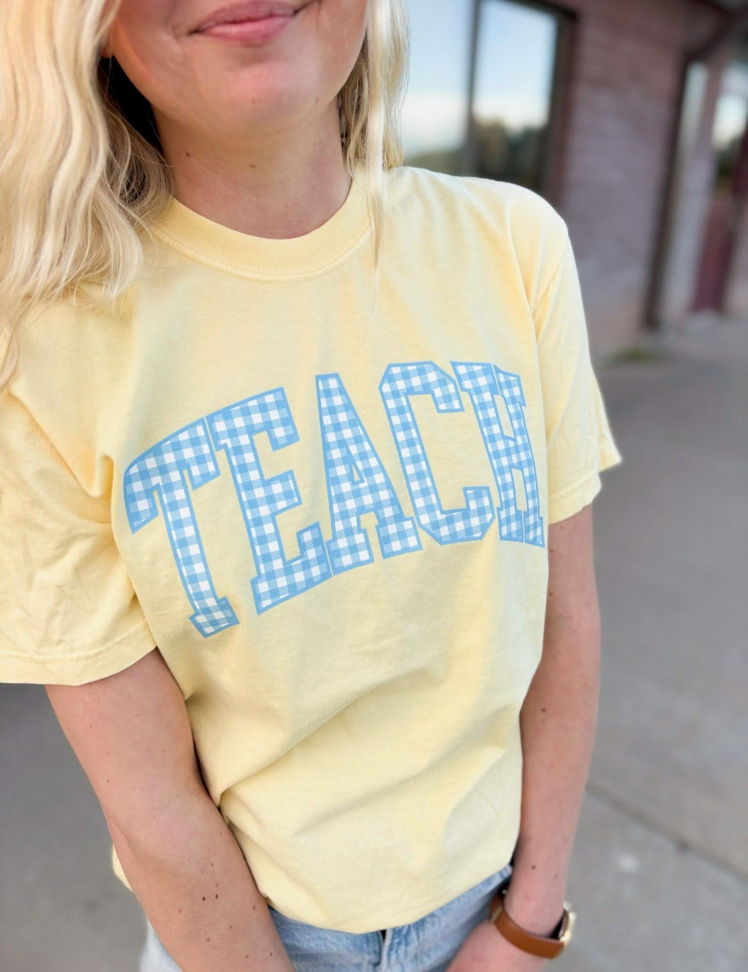 Teacher Comfort Colors Tee | Teach Blue Gingham Graphic Little Mama Shirt Shop LLC