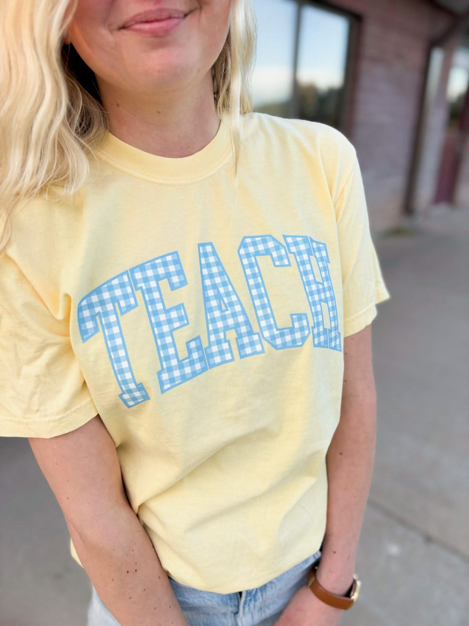 Teacher Comfort Colors Tee | Teach Blue Gingham Graphic Little Mama Shirt Shop LLC