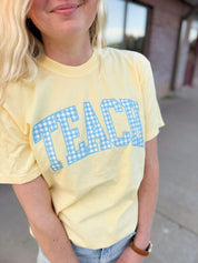 Teacher Comfort Colors Tee | Teach Blue Gingham Graphic Little Mama Shirt Shop LLC