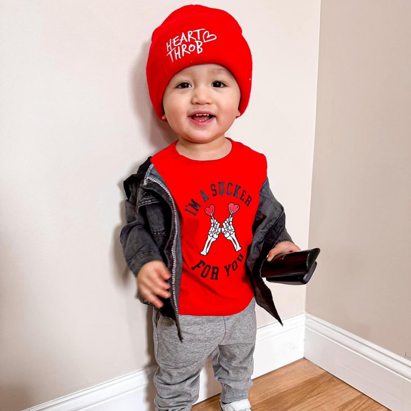 Child Beanie - Heart Throb - Bright Red w/ White