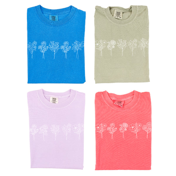 5 EMBROIDERED Birth Flower (Center Placement) w/ White Thread - SHORT SLEEVE COMFORT COLORS