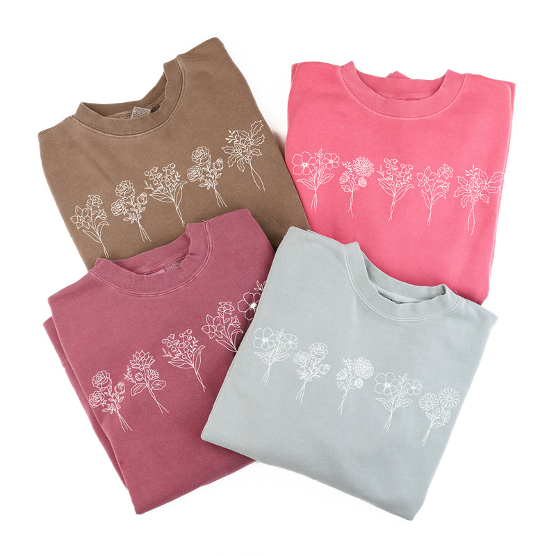 5 EMBROIDERED Birth Flower (Center Placement) w/ White Thread - PIGMENT DYE CREWNECK SWEATSHIRT