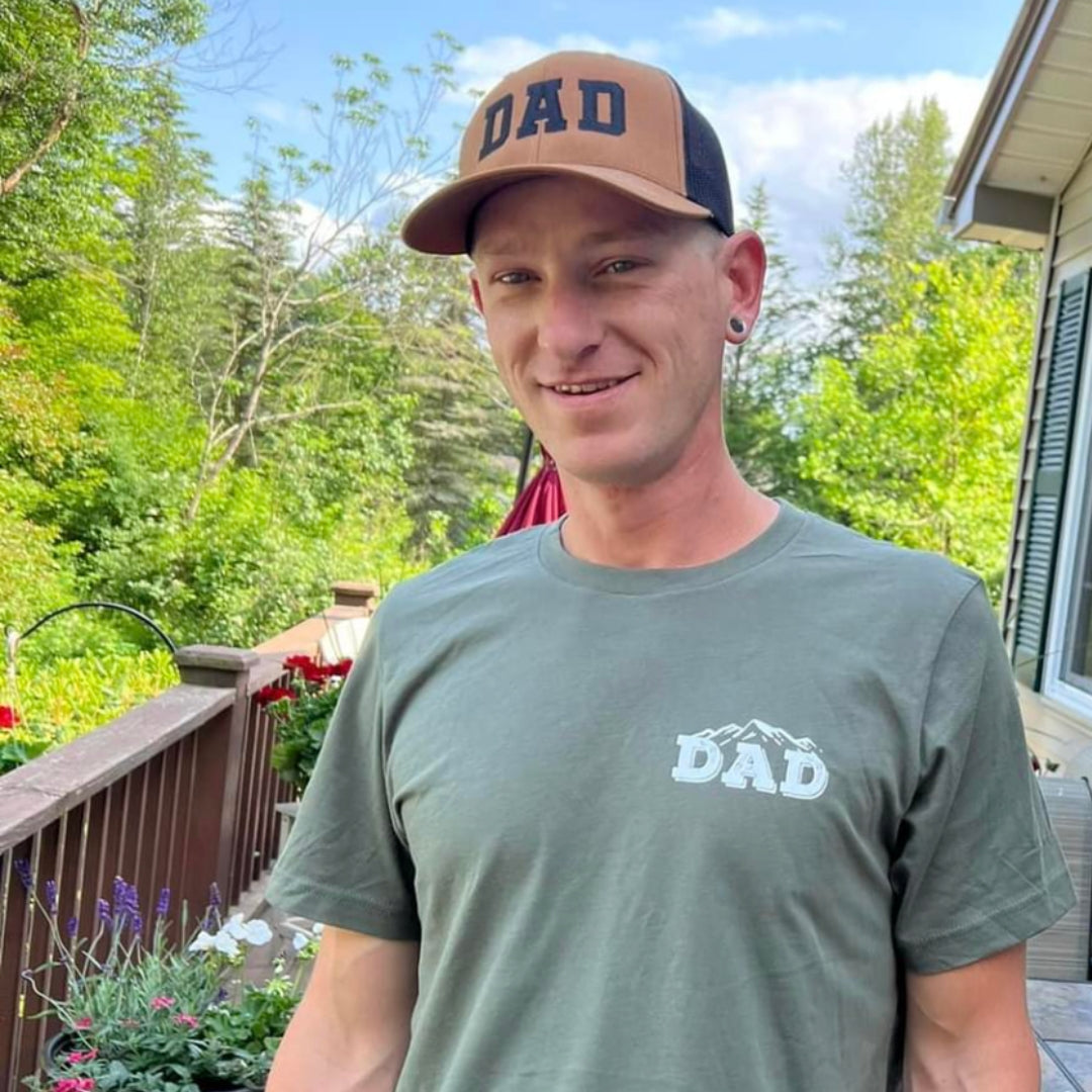 Dad w/ Mountains - Mountain Scene (pf&b) - Unisex Tee Little Mama Shirt Shop