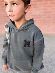Personalized Varsity Number Youth Pigment Hoodie | Embroidered Front Letter | Printed Back Number Little Mama Shirt Shop LLC