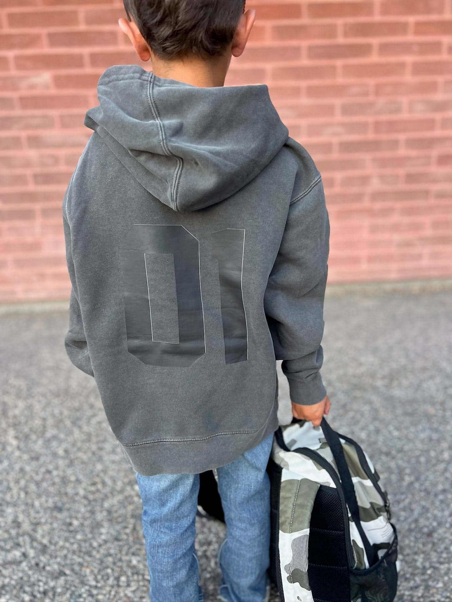 Personalized Varsity Number Youth Pigment Hoodie | Embroidered Front Letter | Printed Back Number Little Mama Shirt Shop LLC