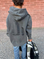 Personalized Varsity Number Youth Pigment Hoodie | Embroidered Front Letter | Printed Back Number Little Mama Shirt Shop LLC