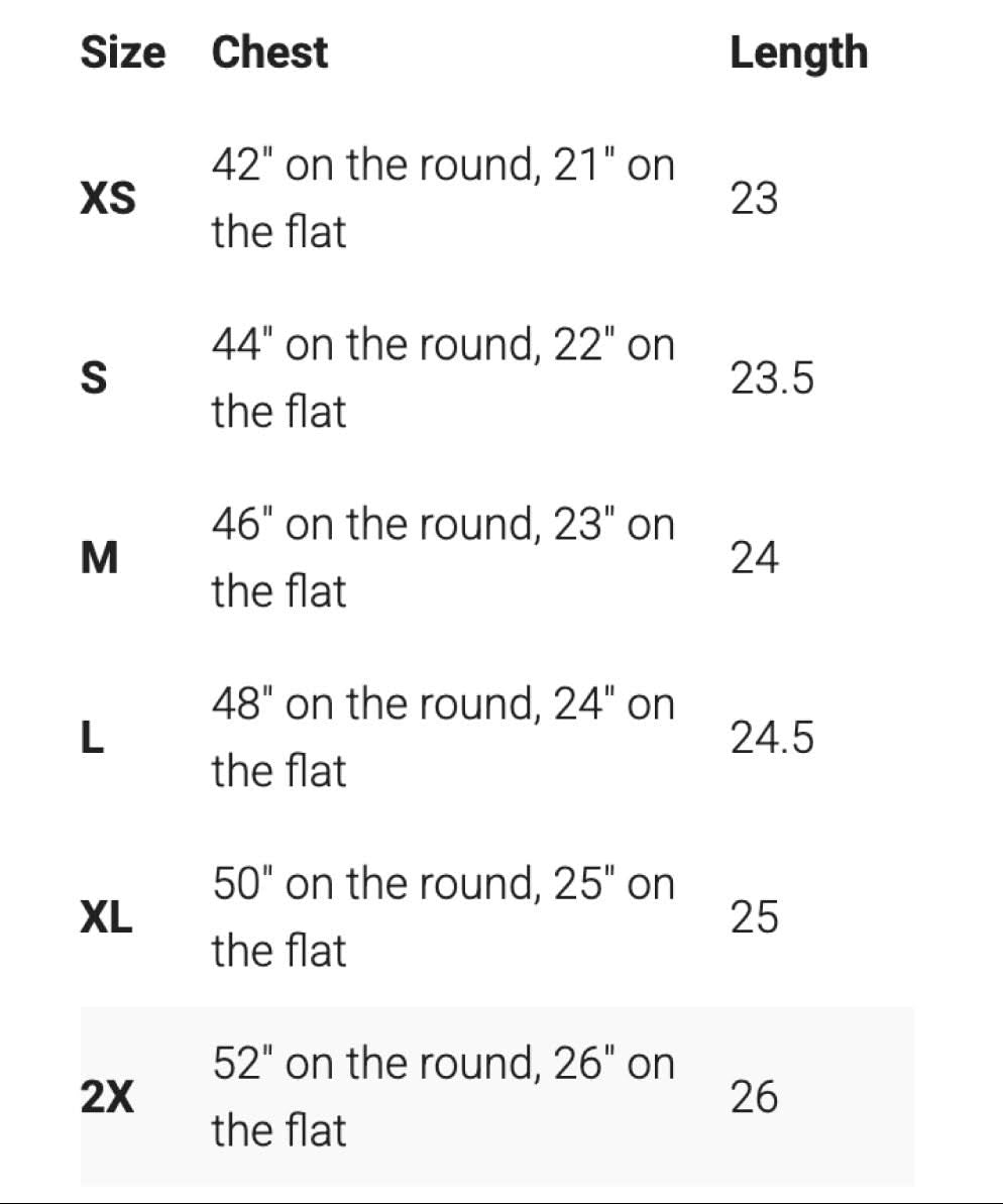Adult quarter zip size chart, shown in inches – Little Mama Shirt Shop
