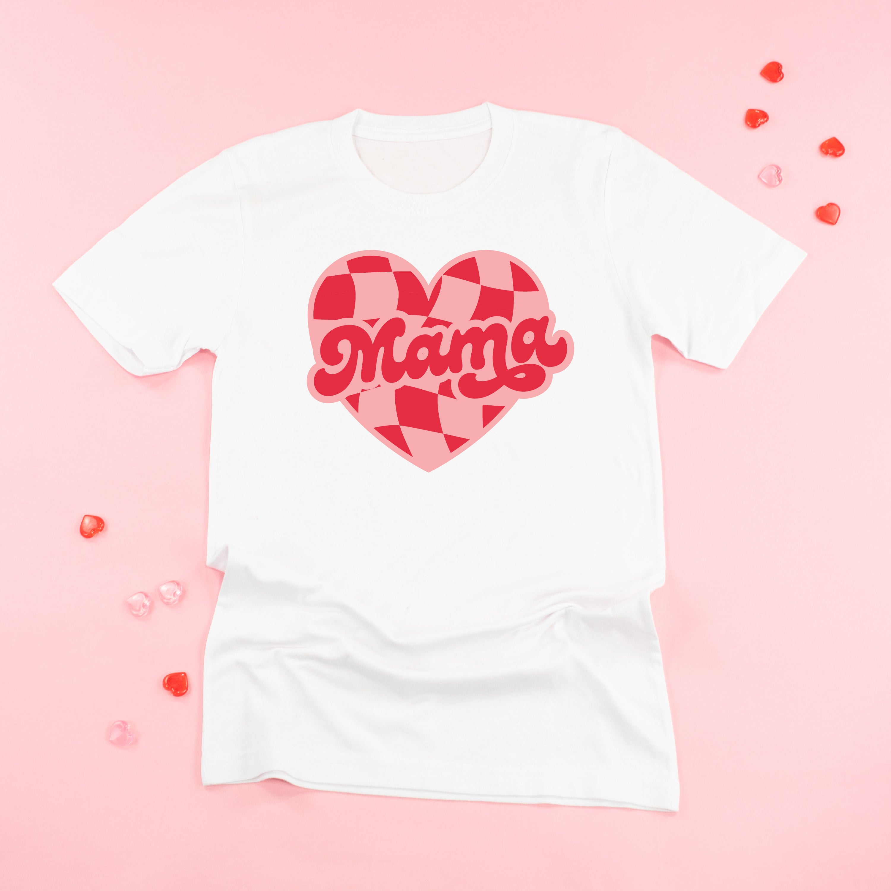 Mama - Pink & Red Checker Heart - Unisex Tee Little Mama Shirt Shop