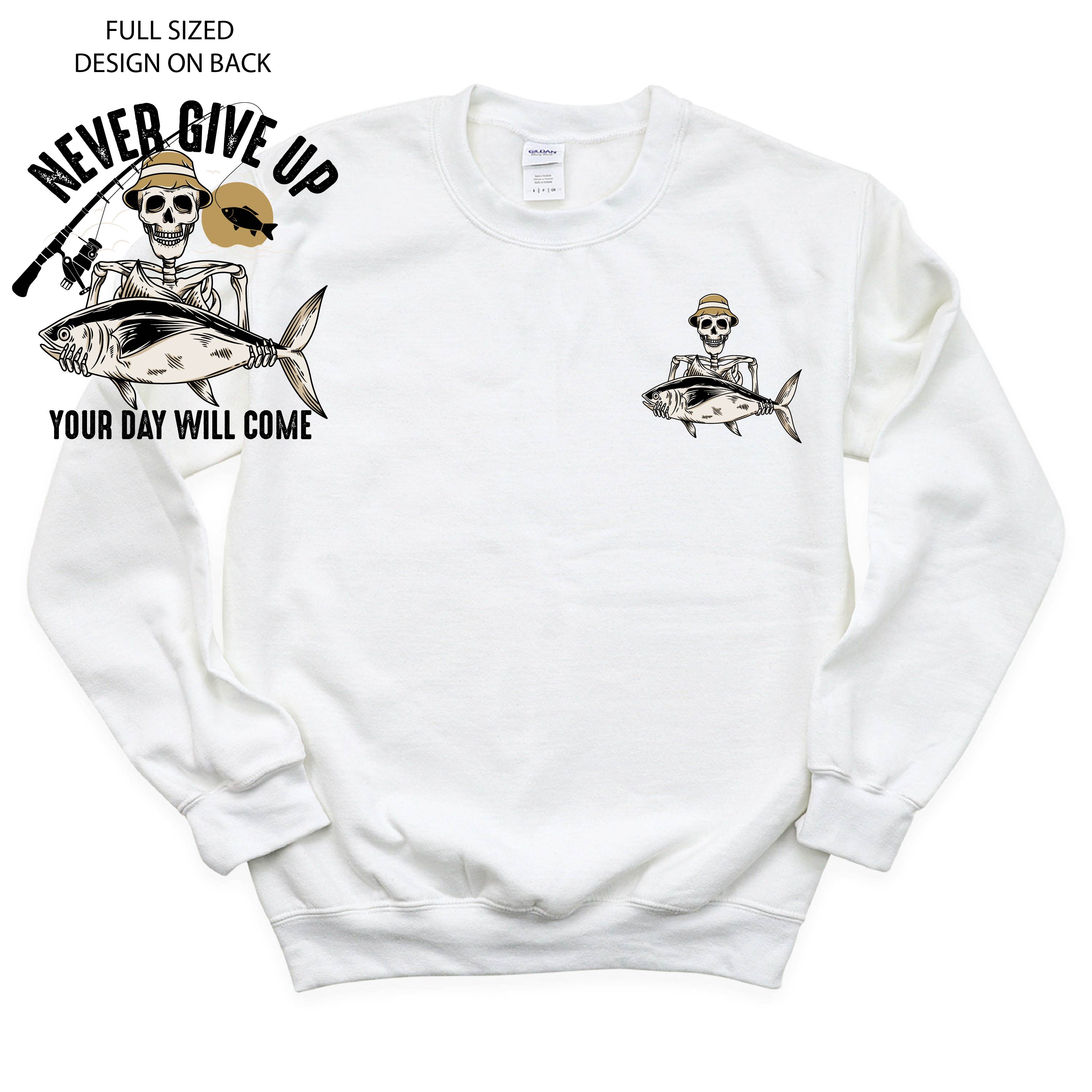 Fishing Skelly - Never Give Up (pf&b) - BASIC Fleece Little Mama Shirt Shop LLC