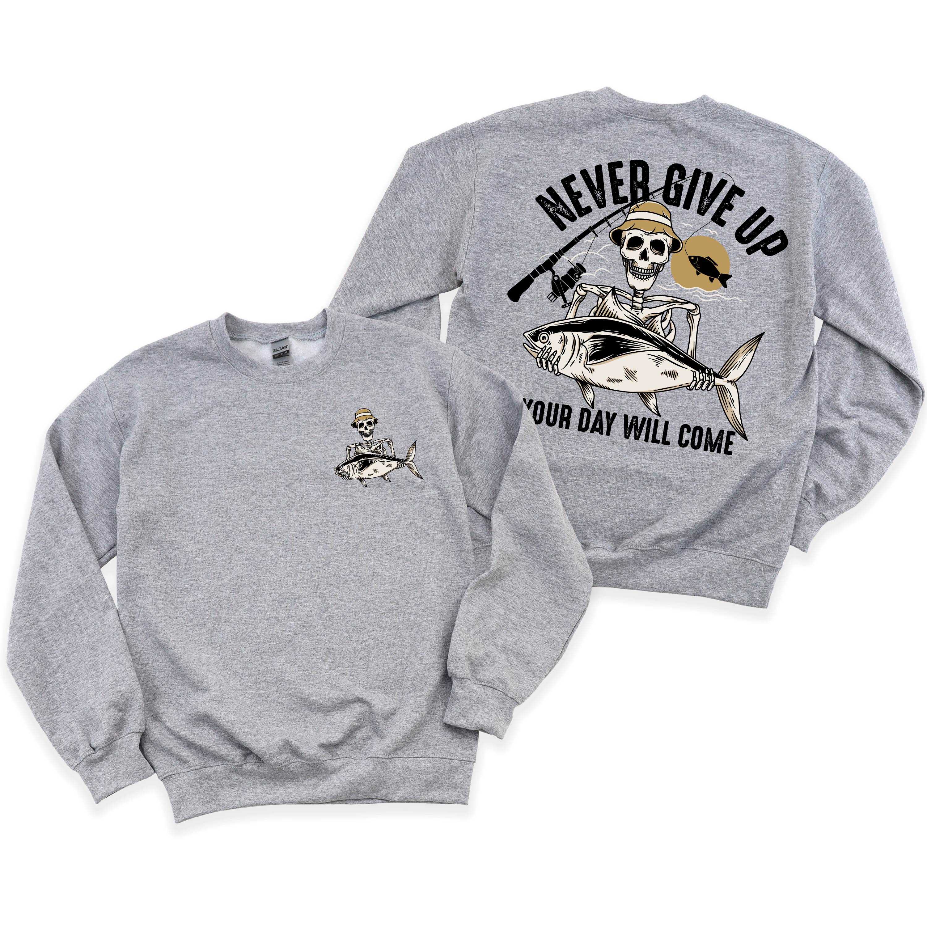 Fishing Skelly - Never Give Up (pf&b) - BASIC Fleece Little Mama Shirt Shop LLC