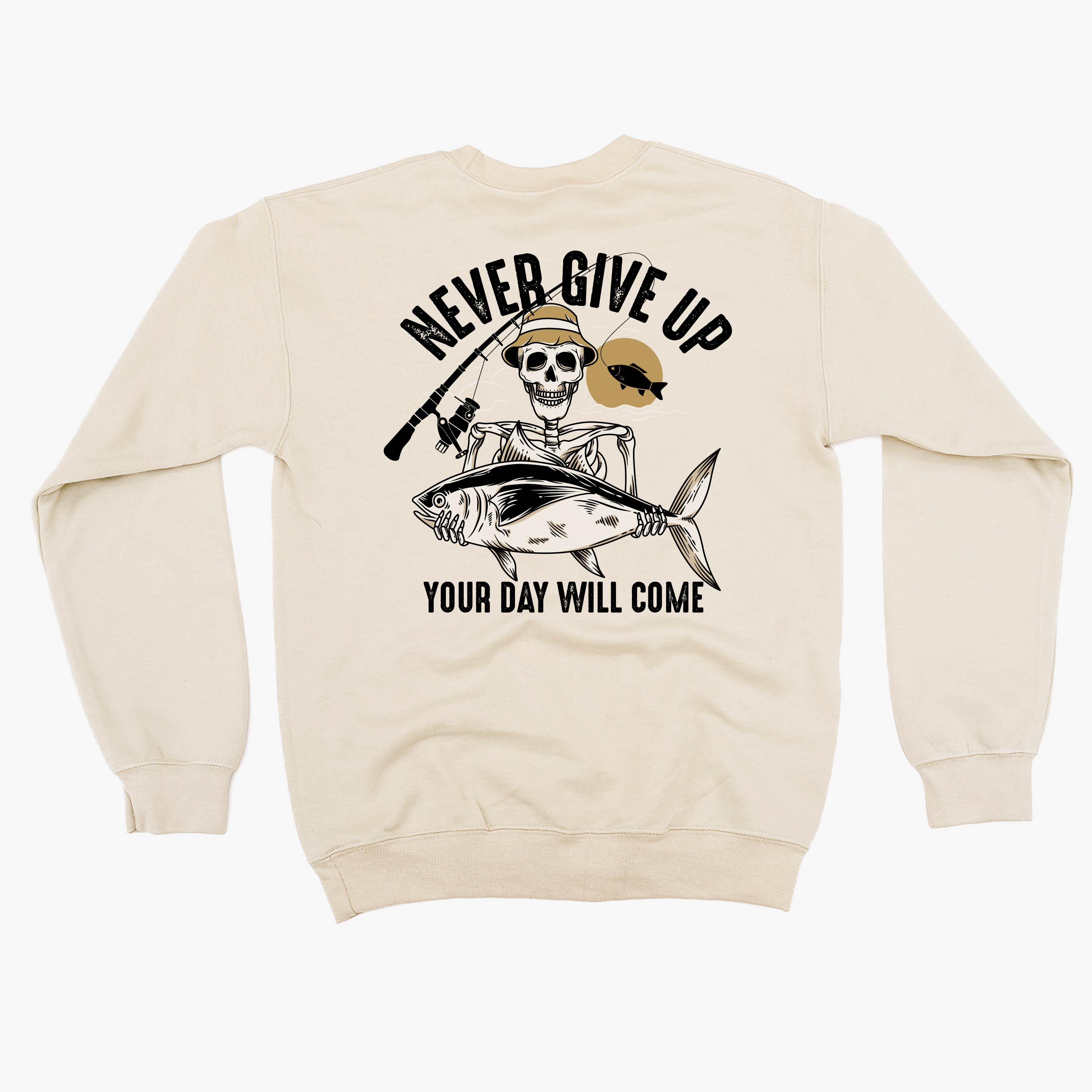 Fishing Skelly - Never Give Up (pf&b) - BASIC Fleece Little Mama Shirt Shop LLC