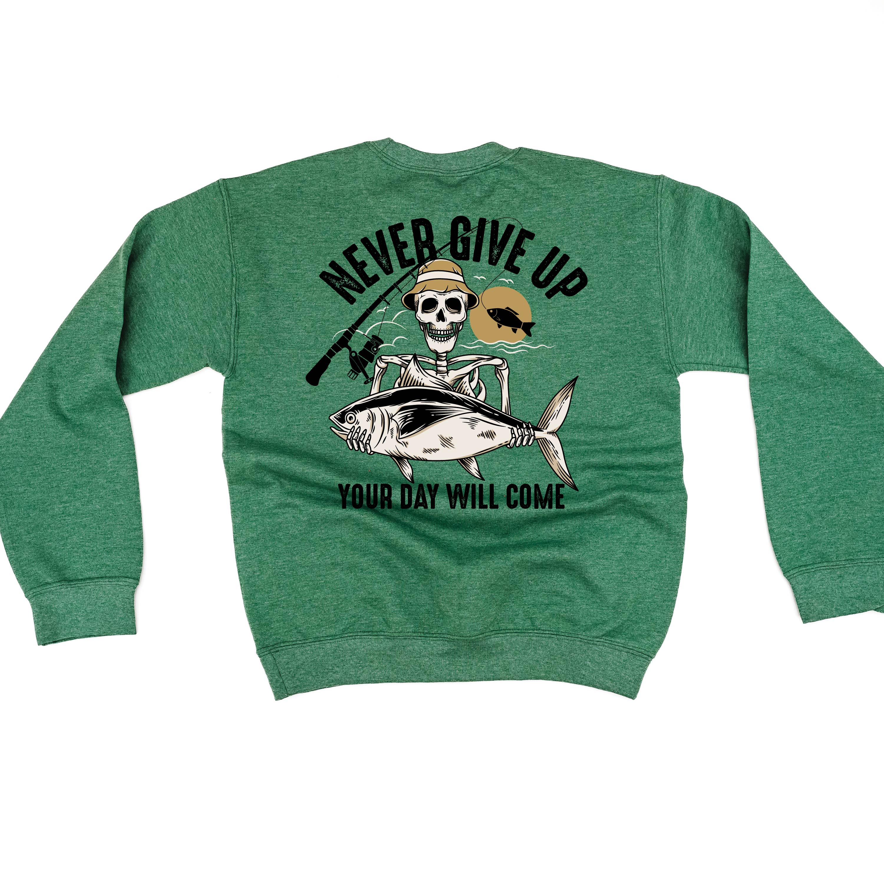 Fishing Skelly - Never Give Up (pf&b) - BASIC Fleece Little Mama Shirt Shop LLC