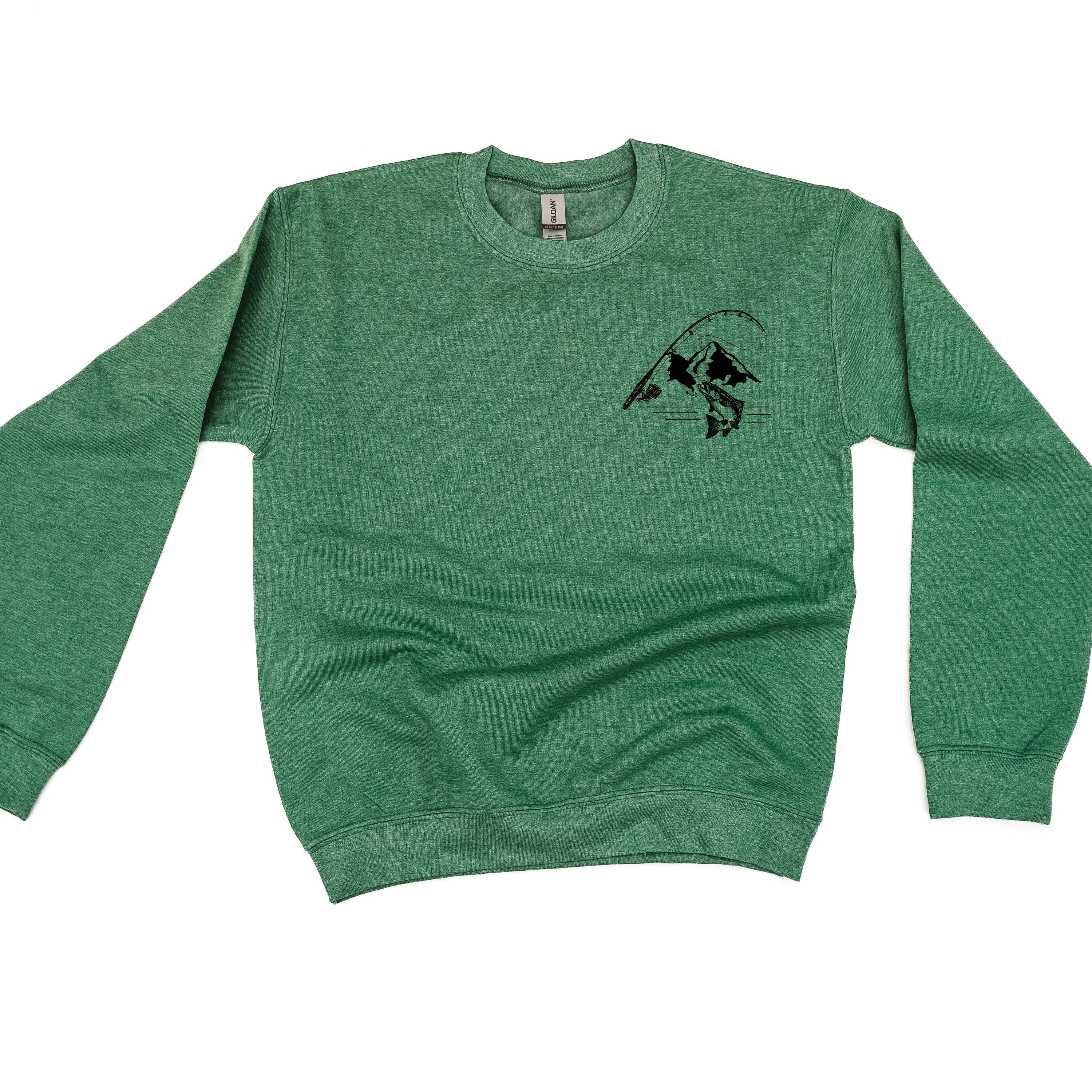 Mountain Fish & Pole Pocket Design on Front w/ FISH ON on Back - BASIC FLEECE CREWNECK Little Mama Shirt Shop LLC