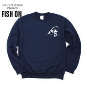 Mountain Fish & Pole Pocket Design on Front w/ FISH ON on Back - BASIC FLEECE CREWNECK Little Mama Shirt Shop LLC
