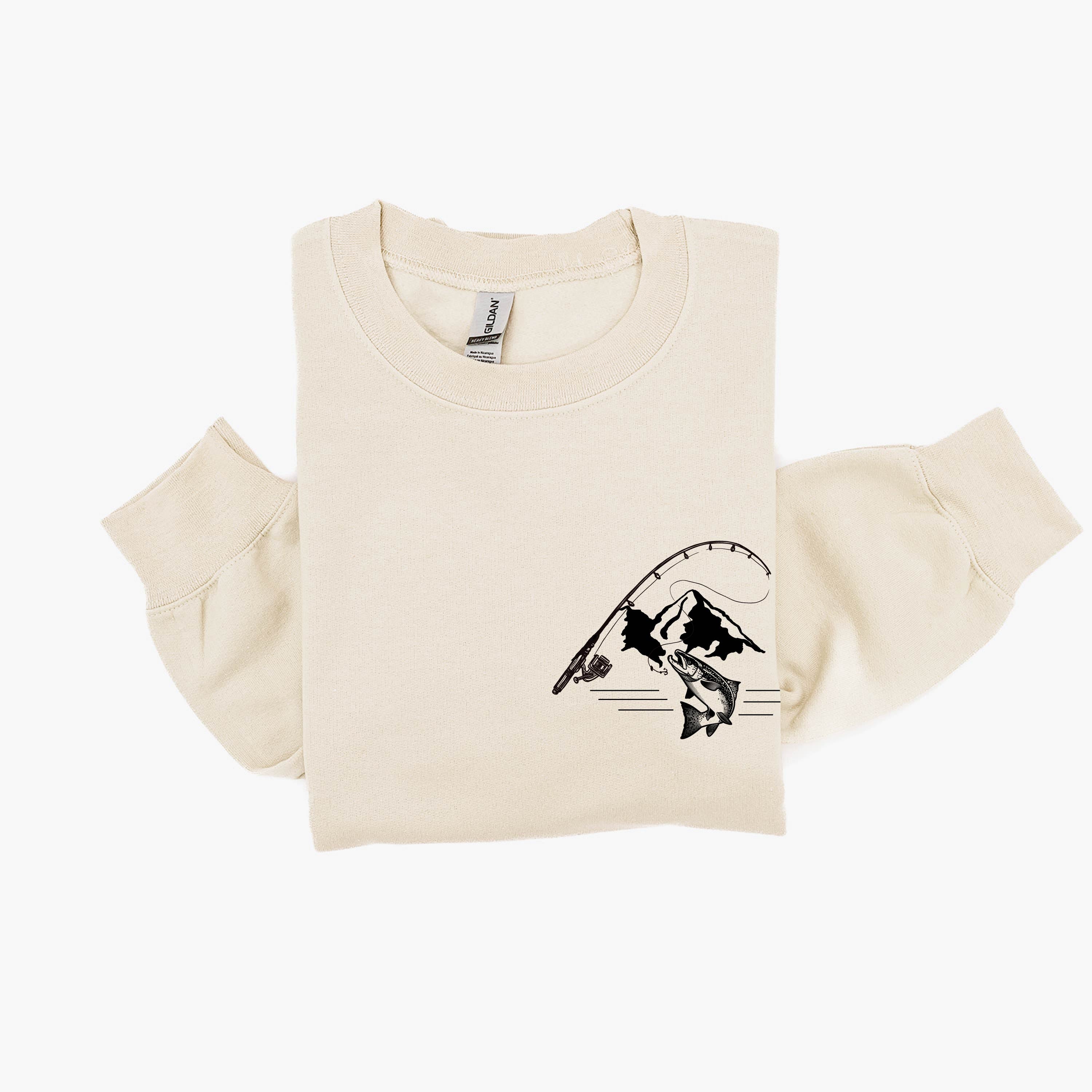 Mountain Fish & Pole Pocket Design on Front w/ FISH ON on Back - BASIC FLEECE CREWNECK Little Mama Shirt Shop LLC