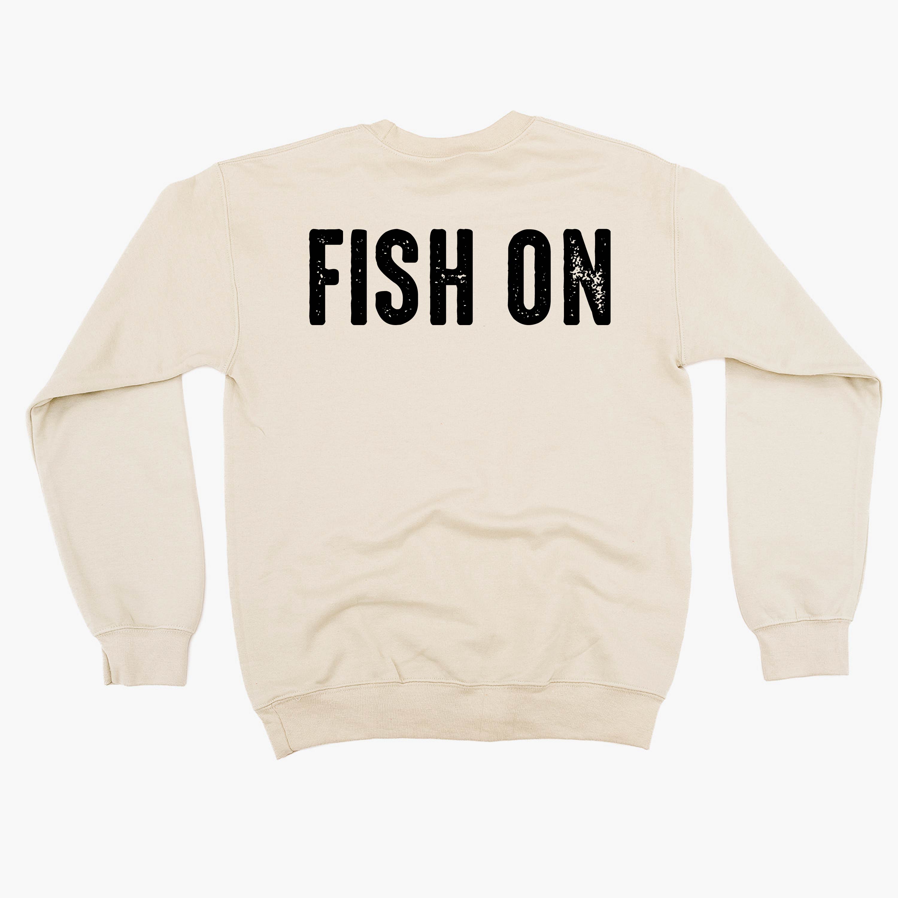 Mountain Fish & Pole Pocket Design on Front w/ FISH ON on Back - BASIC FLEECE CREWNECK Little Mama Shirt Shop LLC