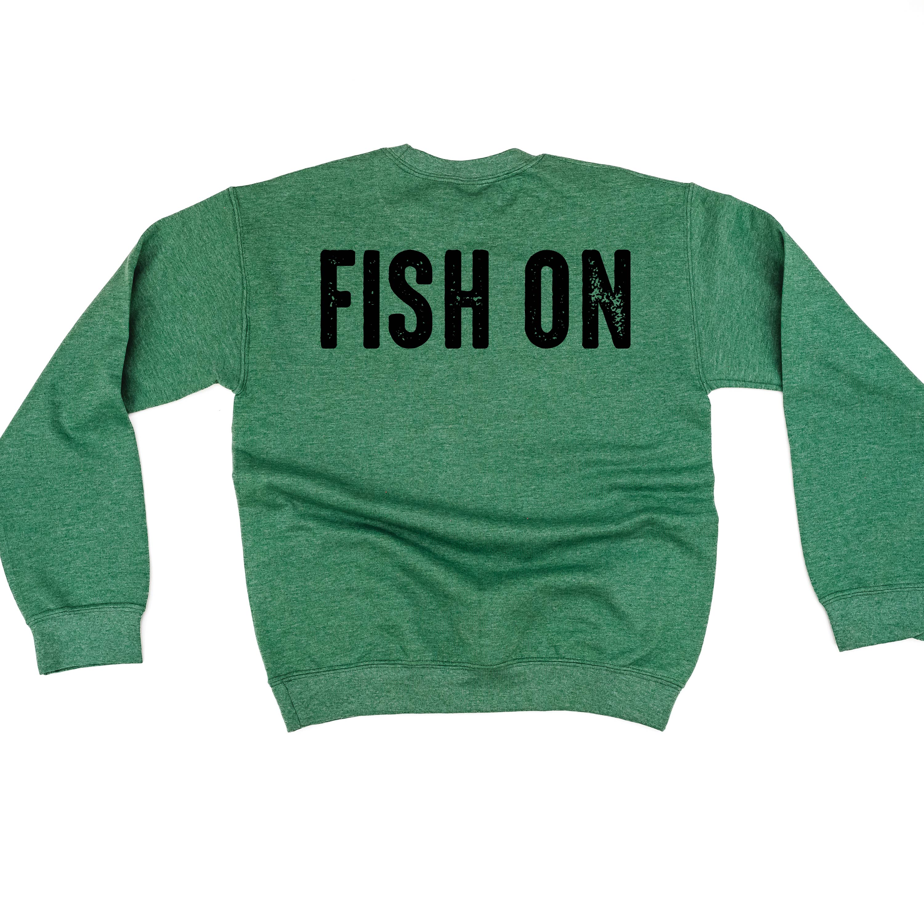 Mountain Fish & Pole Pocket Design on Front w/ FISH ON on Back - BASIC FLEECE CREWNECK Little Mama Shirt Shop LLC