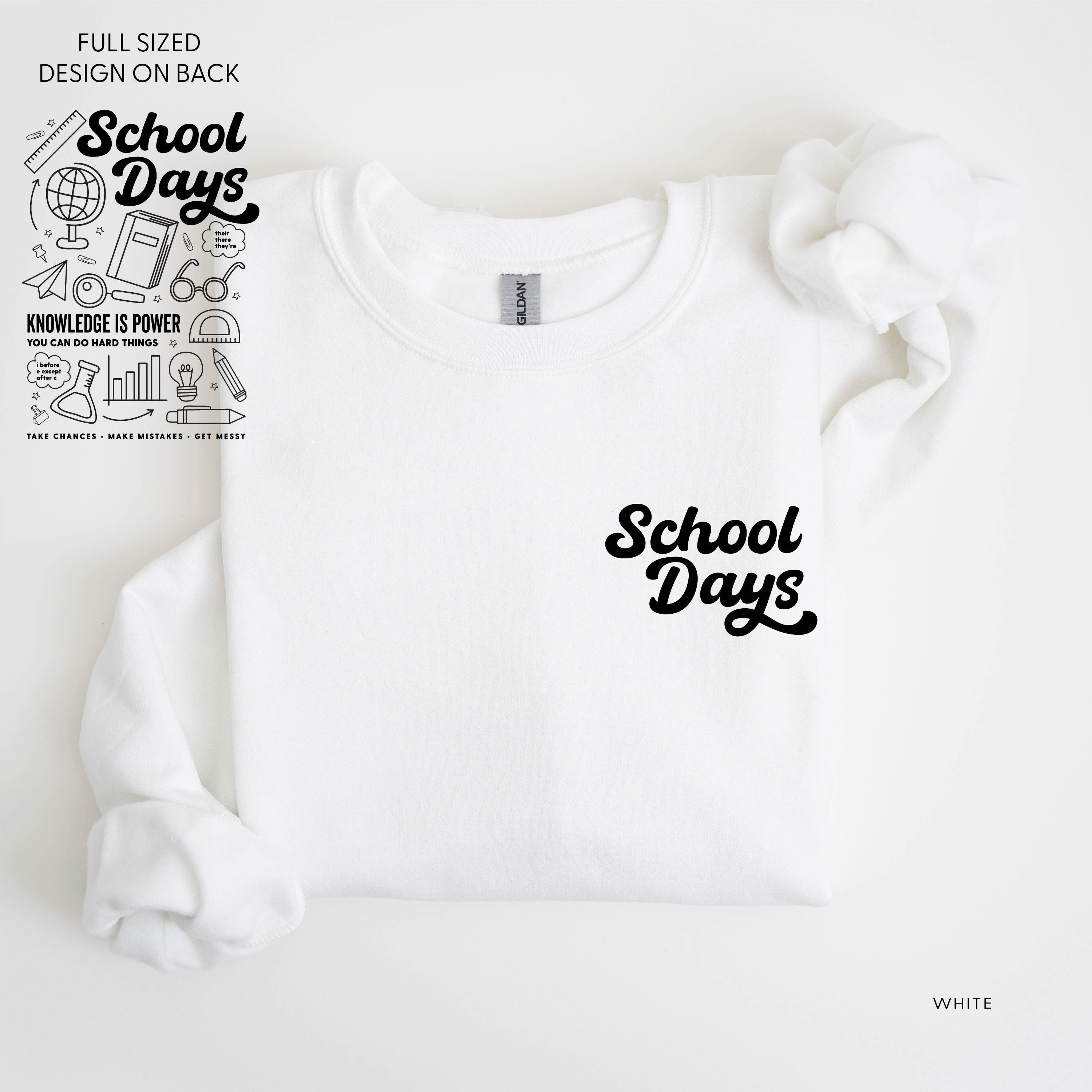 School Days Pocket Design on Front w/ Full School Days Design on Back - BASIC FLEECE CREWNECK Little Mama Shirt Shop LLC