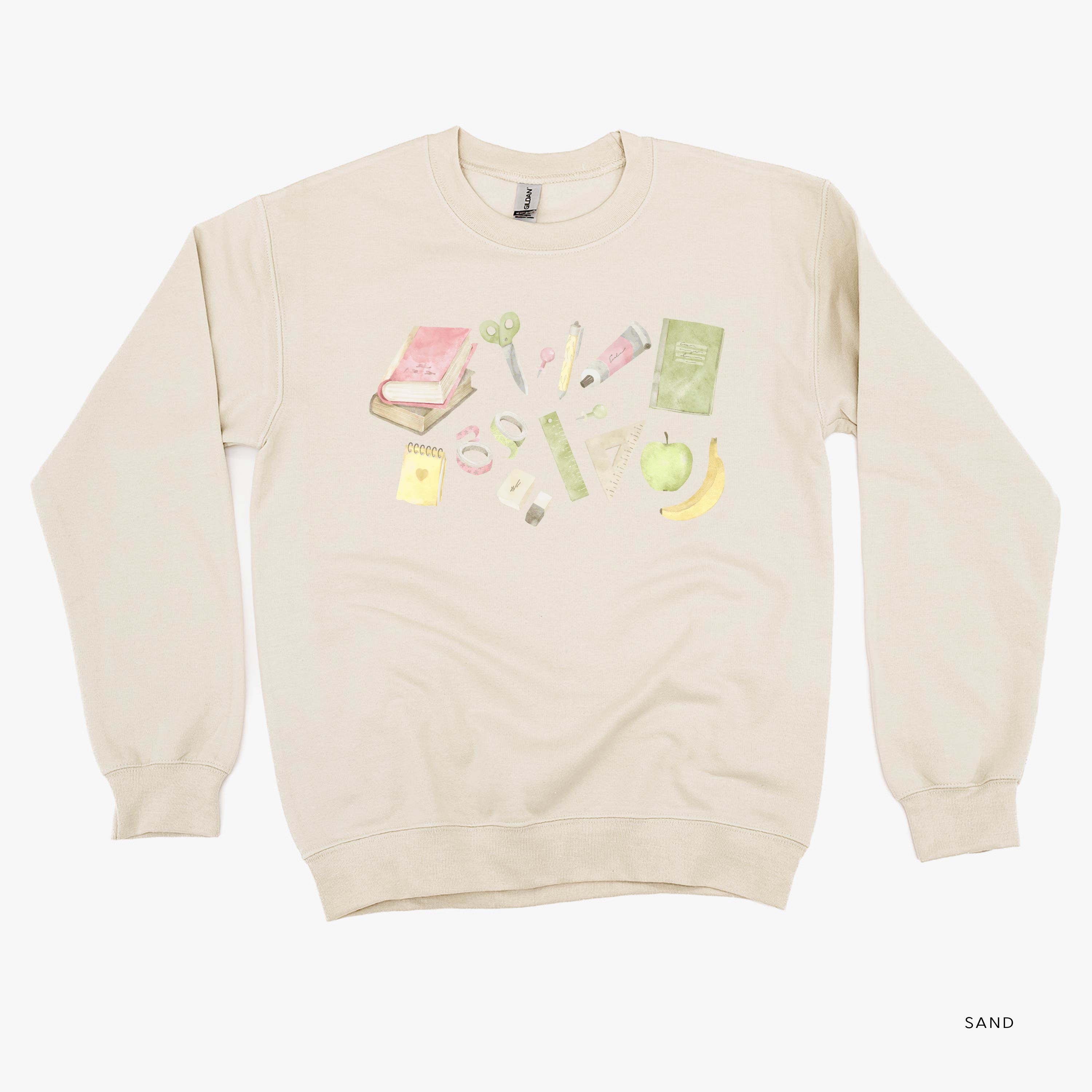 Watercolor School Supplies - BASIC FLEECE CREWNECK Little Mama Shirt Shop LLC