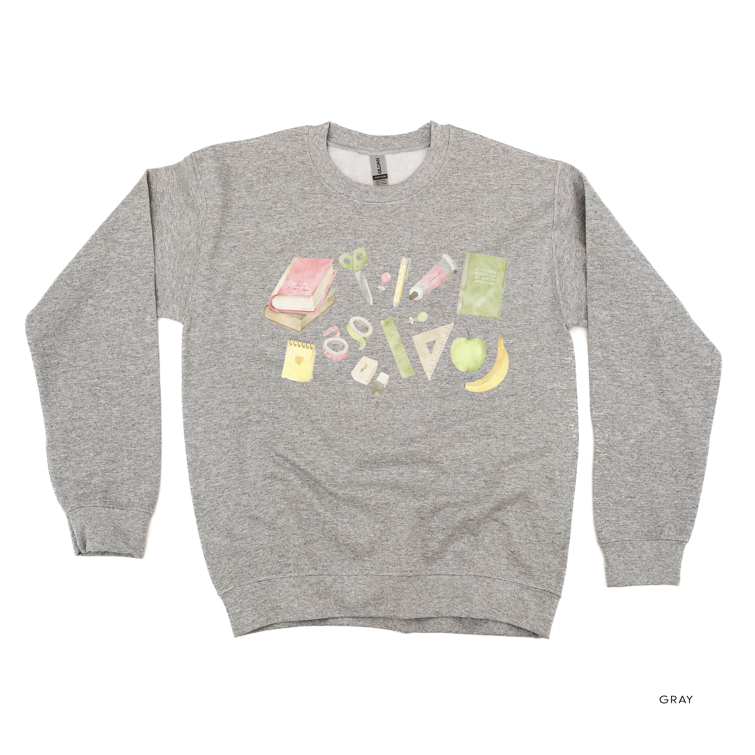 Watercolor School Supplies - BASIC FLEECE CREWNECK Little Mama Shirt Shop LLC