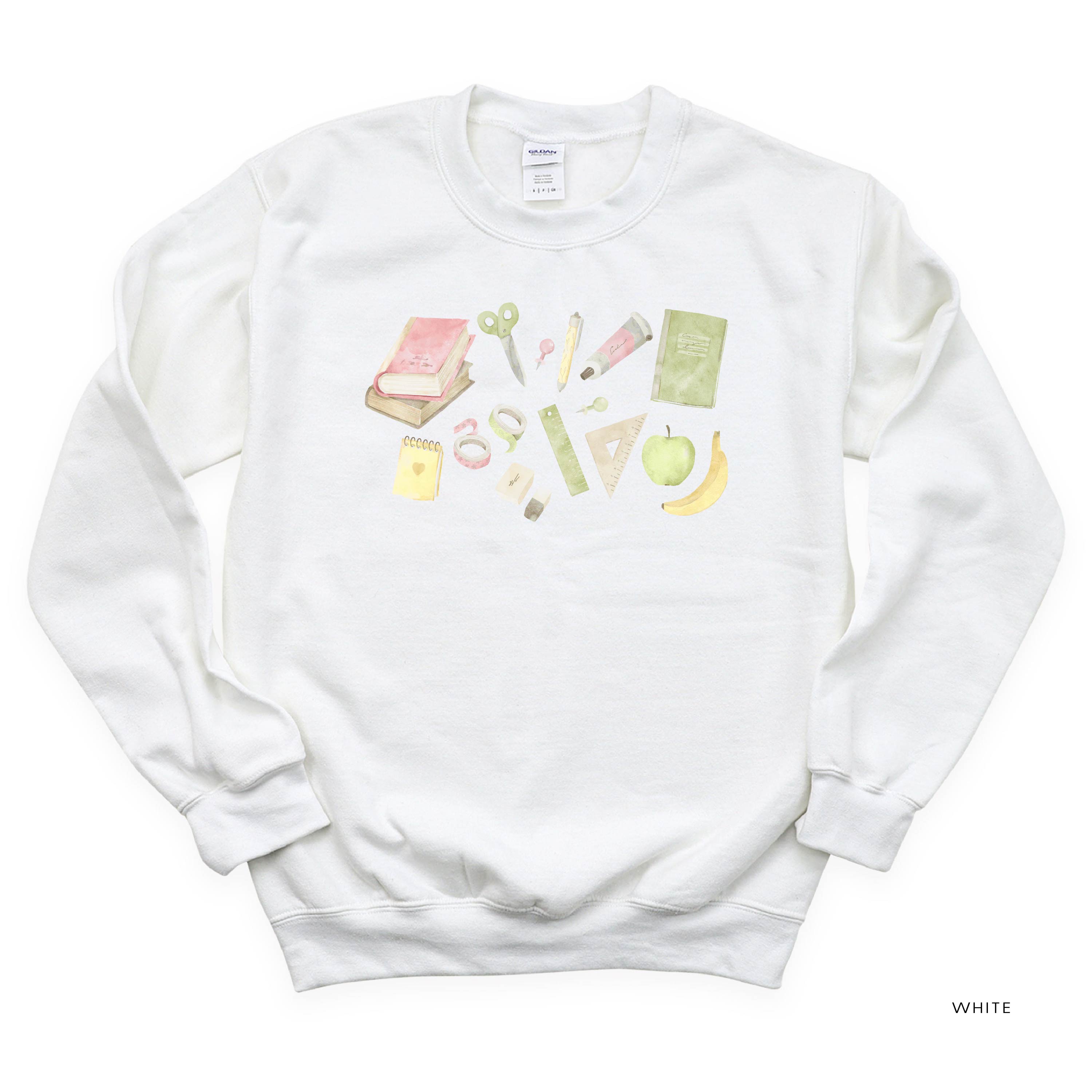 Watercolor School Supplies - BASIC FLEECE CREWNECK Little Mama Shirt Shop LLC