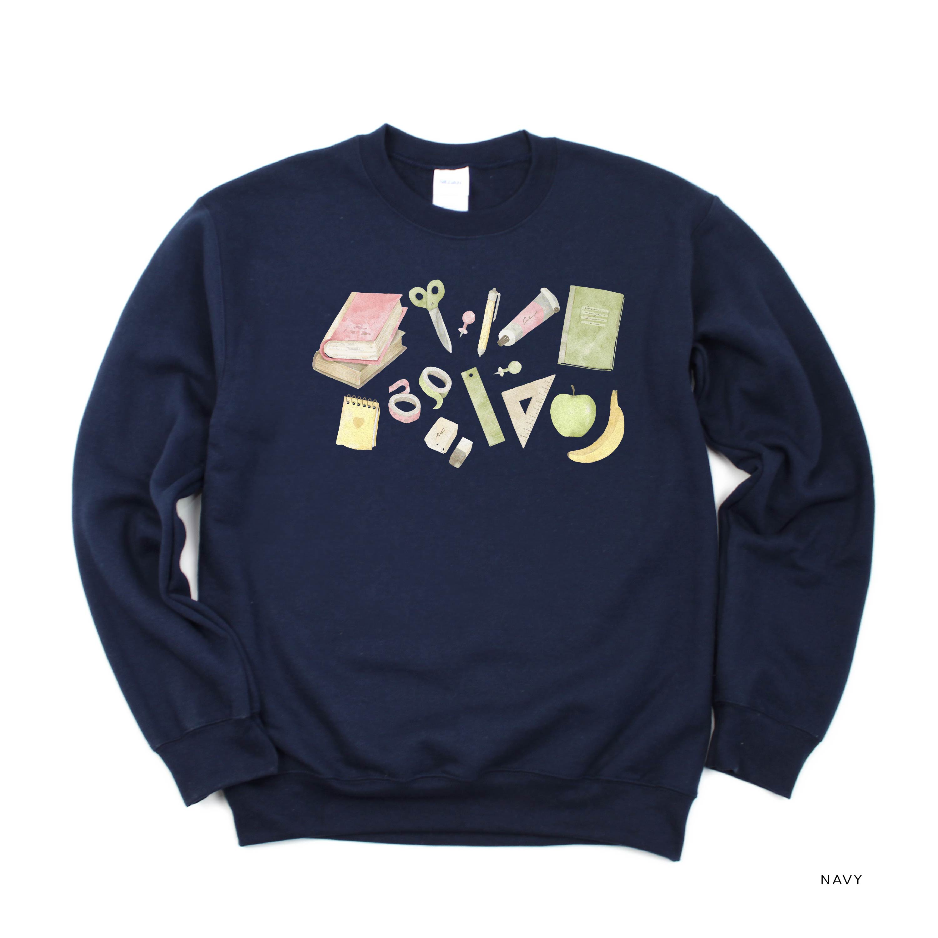 Watercolor School Supplies - BASIC FLEECE CREWNECK Little Mama Shirt Shop LLC