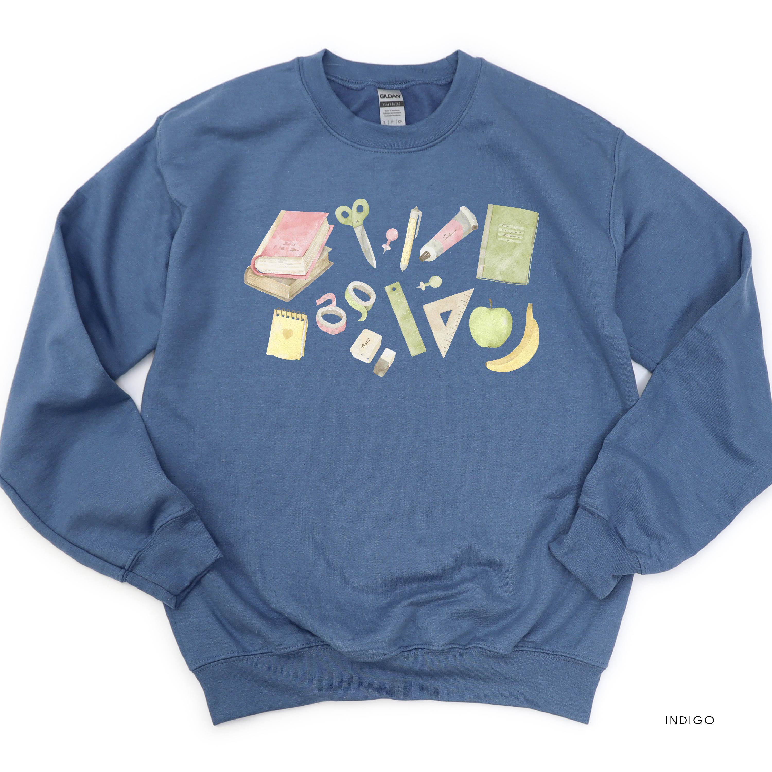 Watercolor School Supplies - BASIC FLEECE CREWNECK Little Mama Shirt Shop LLC