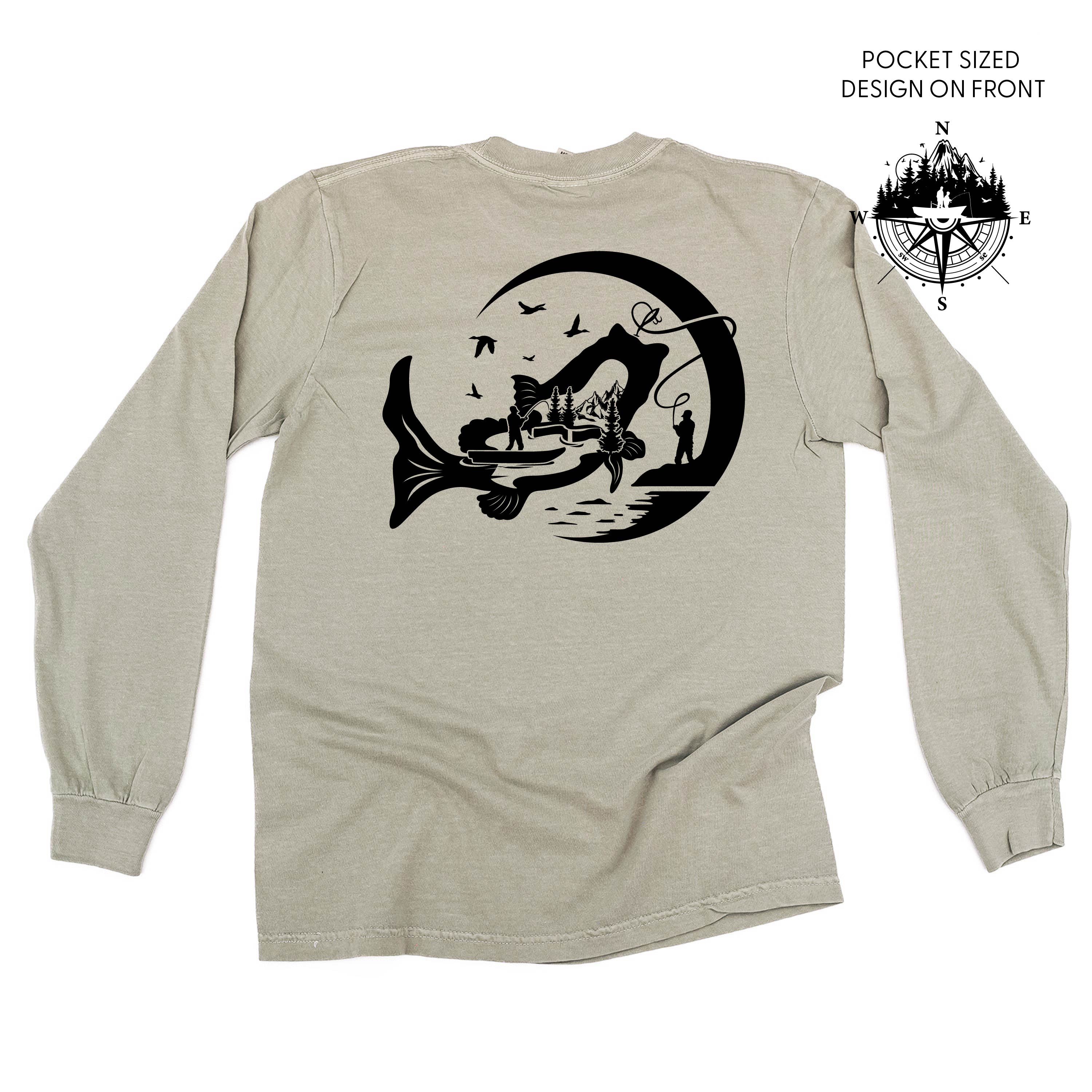 Fishing Compass - Fishing Scene (pf&b) - LONG SLEEVE Comfort Colors Tee Little Mama Shirt Shop