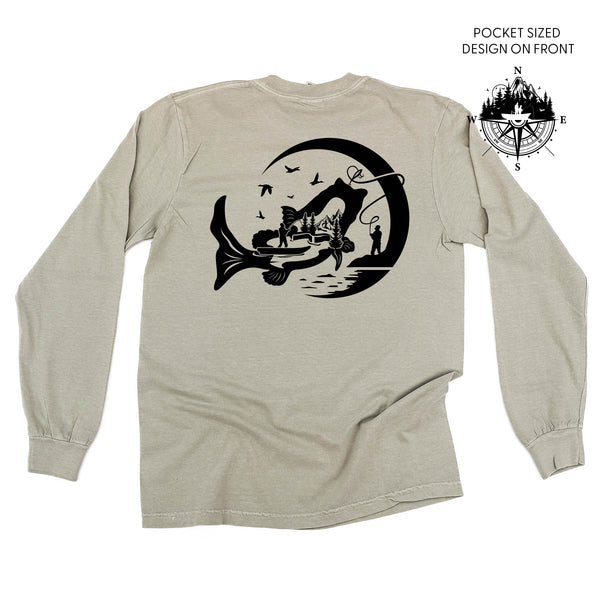 Fishing Compass Pocket Design on Front w/ Fishing Scene on Back - LONG SLEEVE COMFORT COLORS TEE