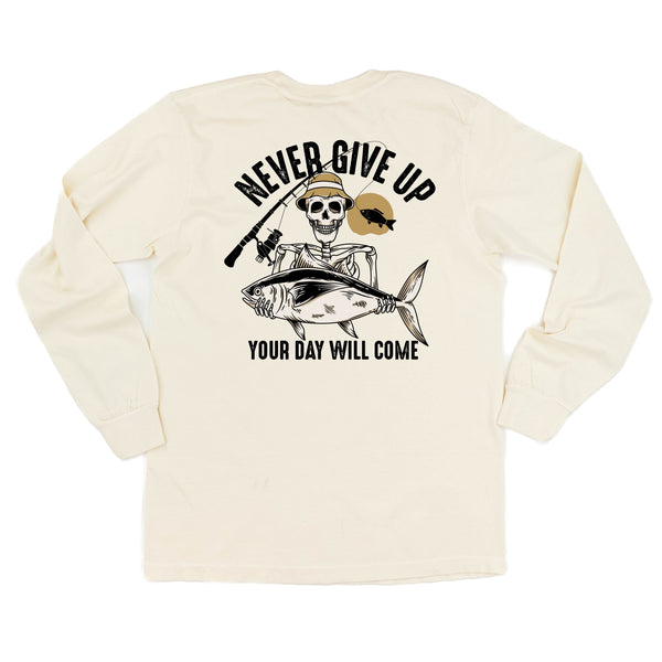 Fishing Skelly Pocket Design on Front w/ Never Give Up on Back - LONG SLEEVE COMFORT COLORS TEE