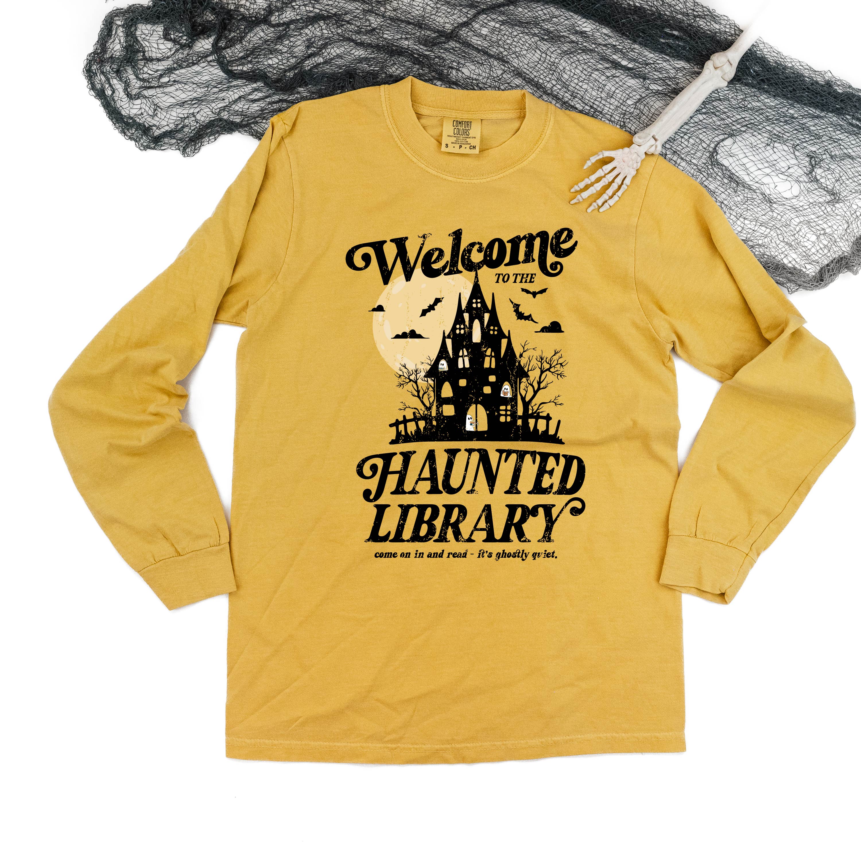 Haunted Library - Long Sleeve Comfort Colors Tee Little Mama Shirt Shop