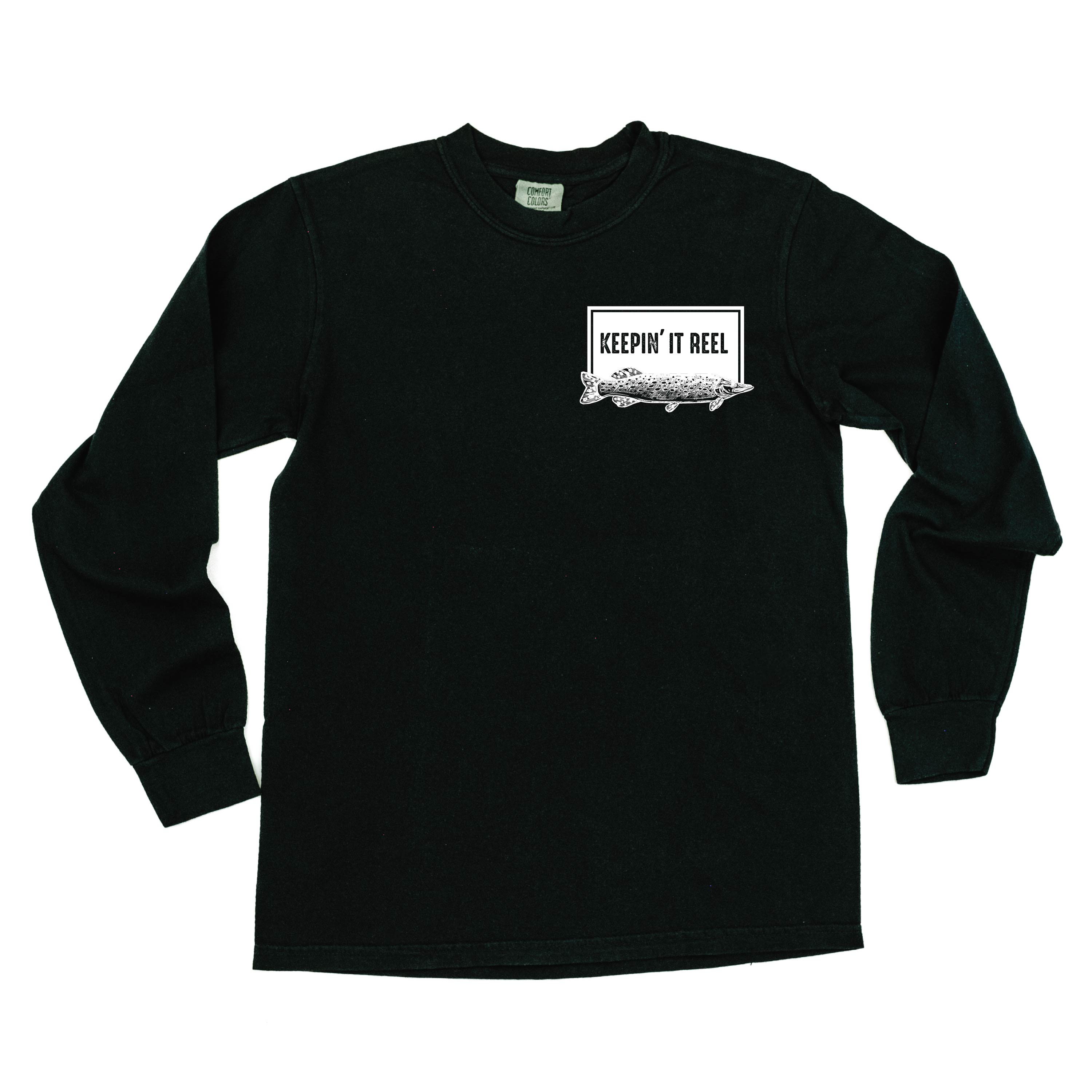 Keepin' It Reel Pocket Design on Front w/ Fishing Reel on Back - LONG SLEEVE COMFORT COLORS TEE Little Mama Shirt Shop