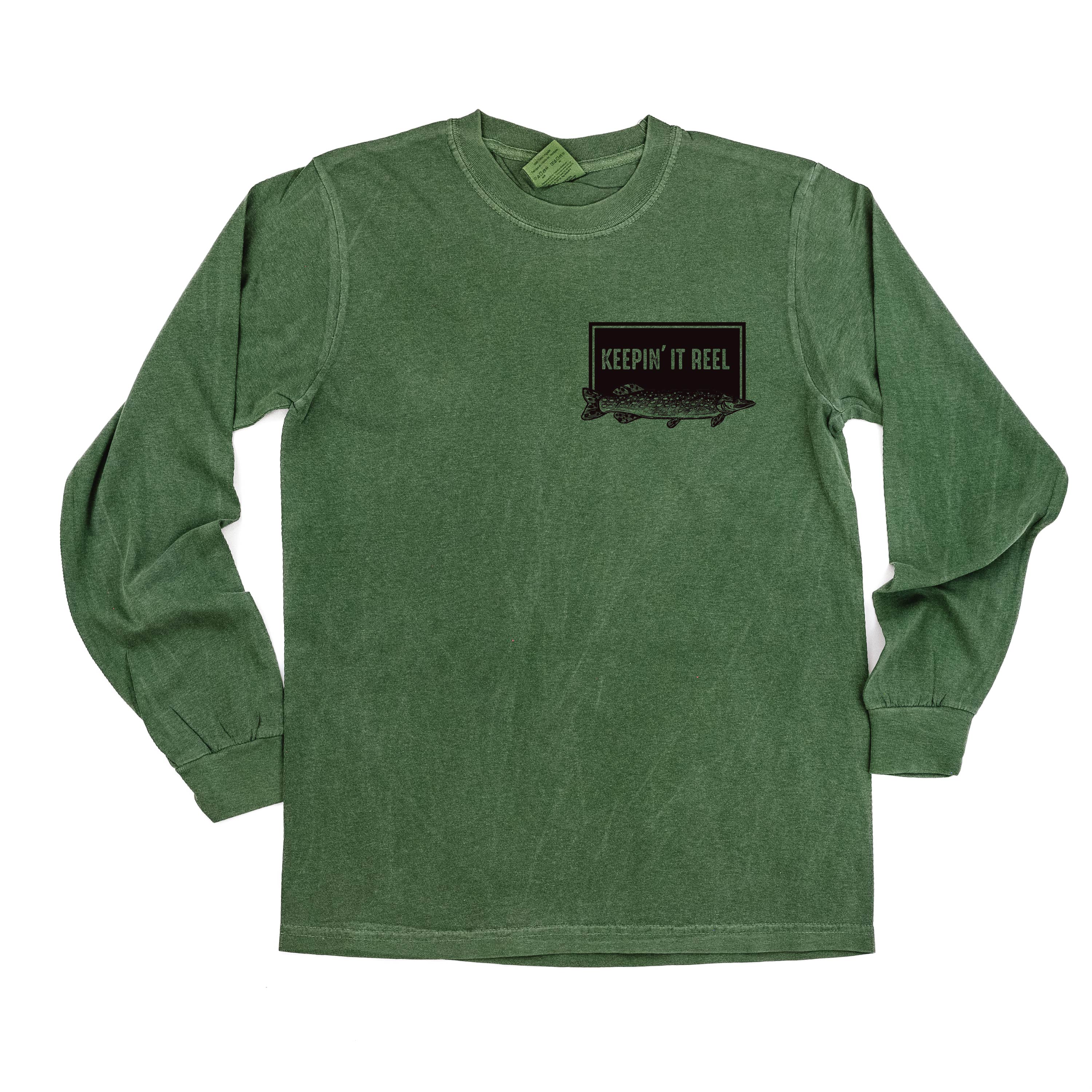 Keepin' It Reel Pocket Design on Front w/ Fishing Reel on Back - LONG SLEEVE COMFORT COLORS TEE Little Mama Shirt Shop