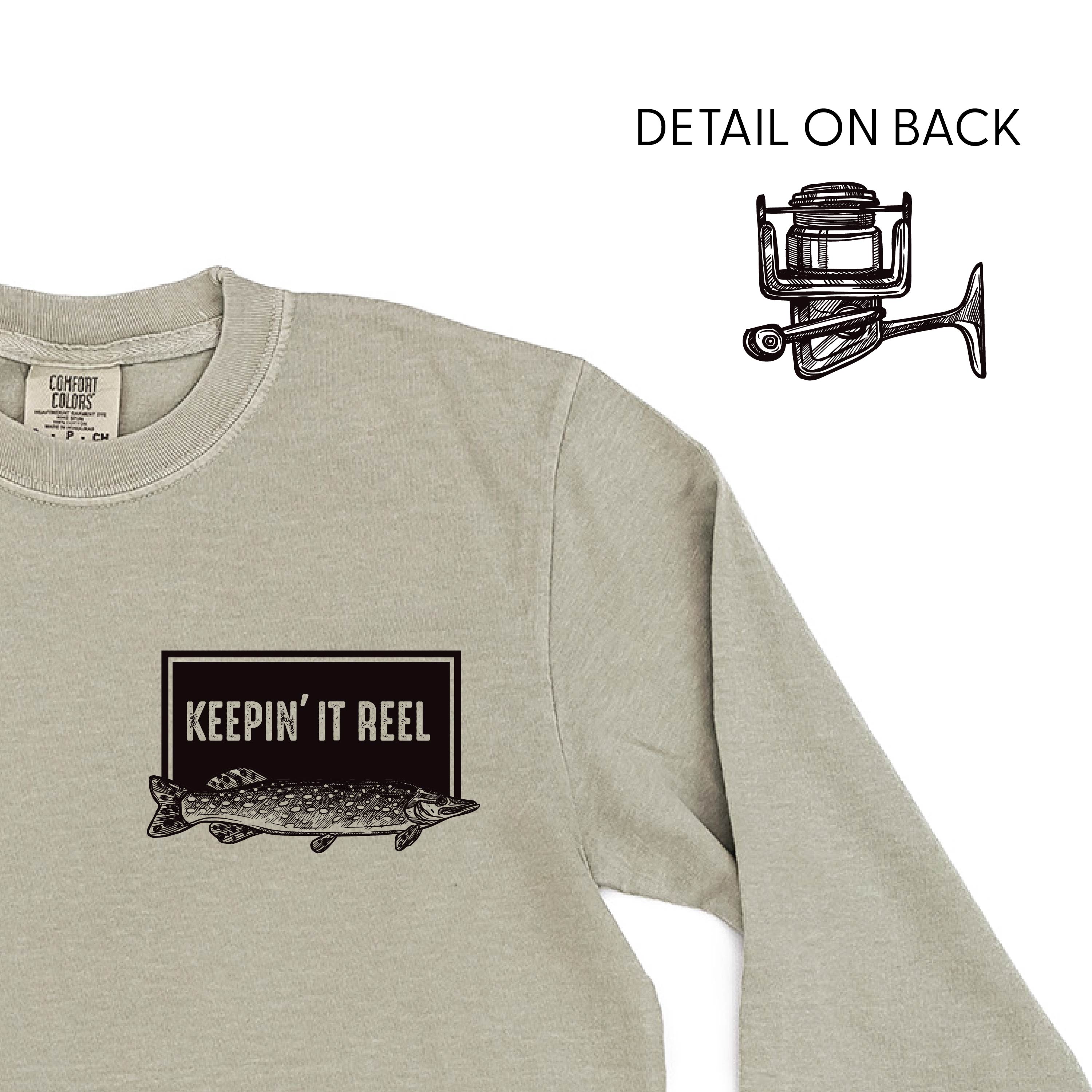 Keepin' It Reel Pocket Design on Front w/ Fishing Reel on Back - LONG SLEEVE COMFORT COLORS TEE Little Mama Shirt Shop