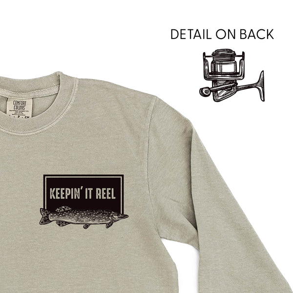 Keepin' It Reel Pocket Design on Front w/ Fishing Reel on Back - LONG SLEEVE COMFORT COLORS TEE