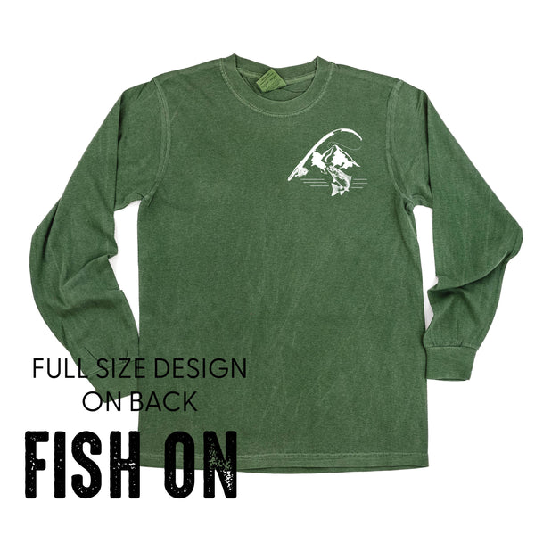 Mountain Fish & Pole Pocket Design on Front w/ FISH ON on Back - LONG SLEEVE COMFORT COLORS TEE