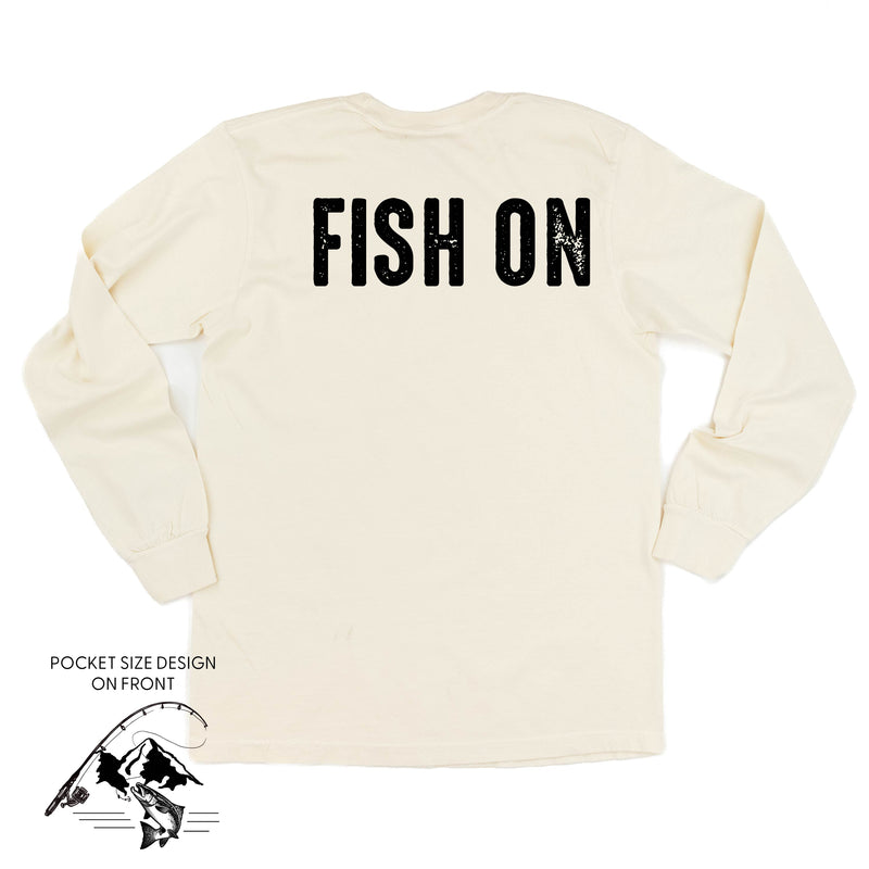Mountain Fish & Pole Pocket Design on Front w/ FISH ON on Back - LONG SLEEVE COMFORT COLORS TEE